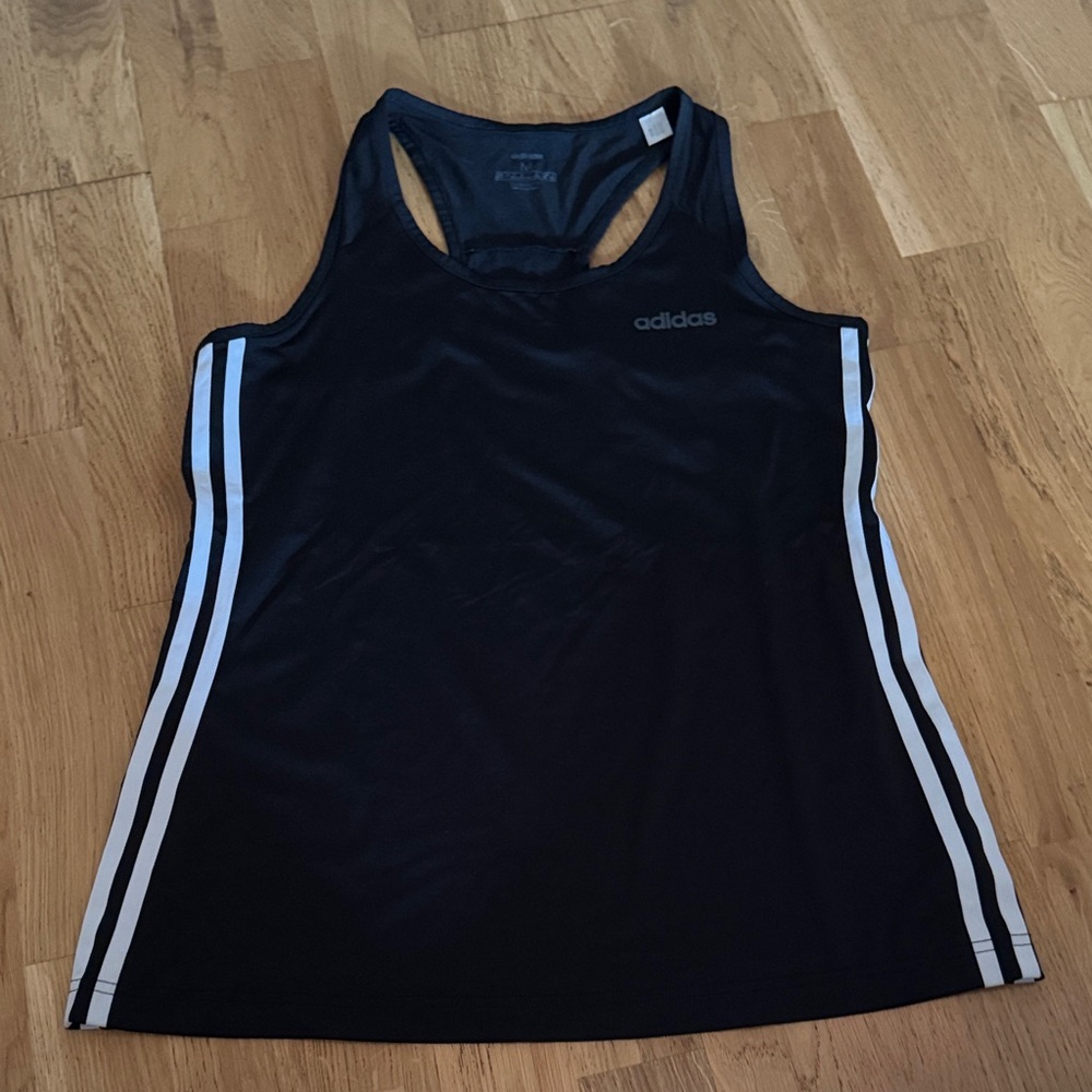 adidas Black Racerback Tank with White Side Stripes and Logo